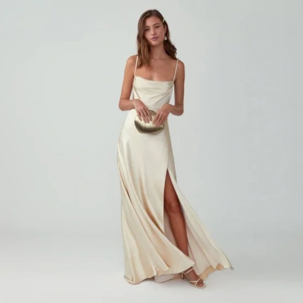 Strappy Draped Satin Champagne Gown